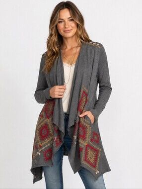 Johnny Was JWLA Embroidered Aztec Waterfall Cardigan Duster Gray Medium Boho
